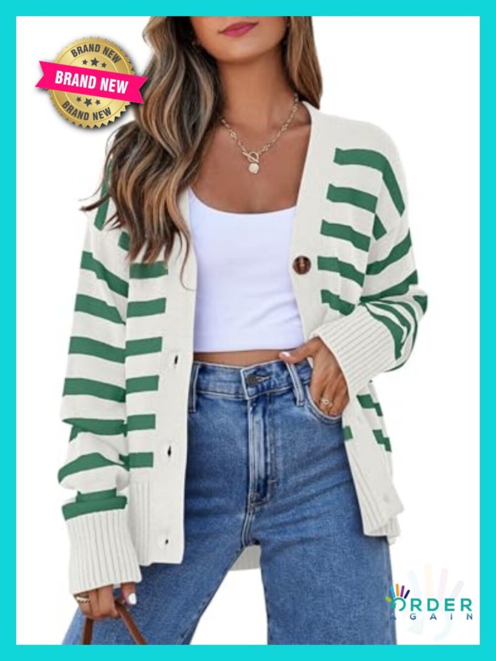 Striped Button Front Knit Cardigan Sweater V Neck Long Sleeve